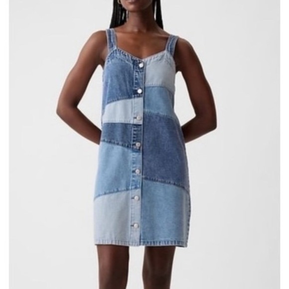 GAP Dresses & Skirts - GAP Patchwork Denim Mini Dress Medium Button Up 100% Cotton Light/Med/Dark